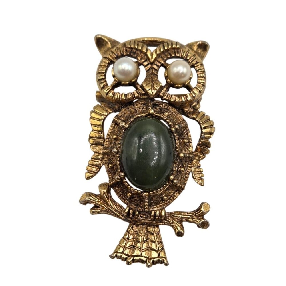 Vintage Gold-Tone Owl Brooch With Green Cabochon & Faux Pearl Eyes